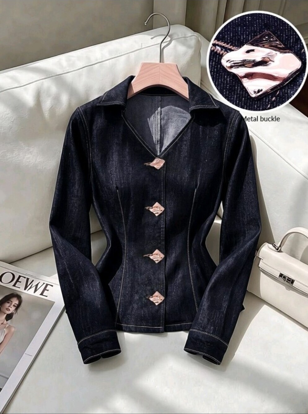 Women's Long Sleeve V-Neck Button-Up Fitted Fashion Denim Top